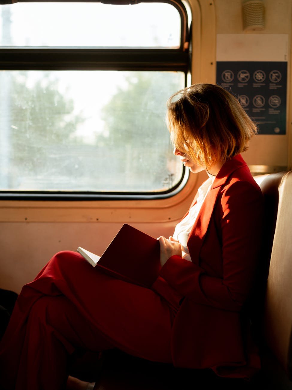 woman reading a book on a train